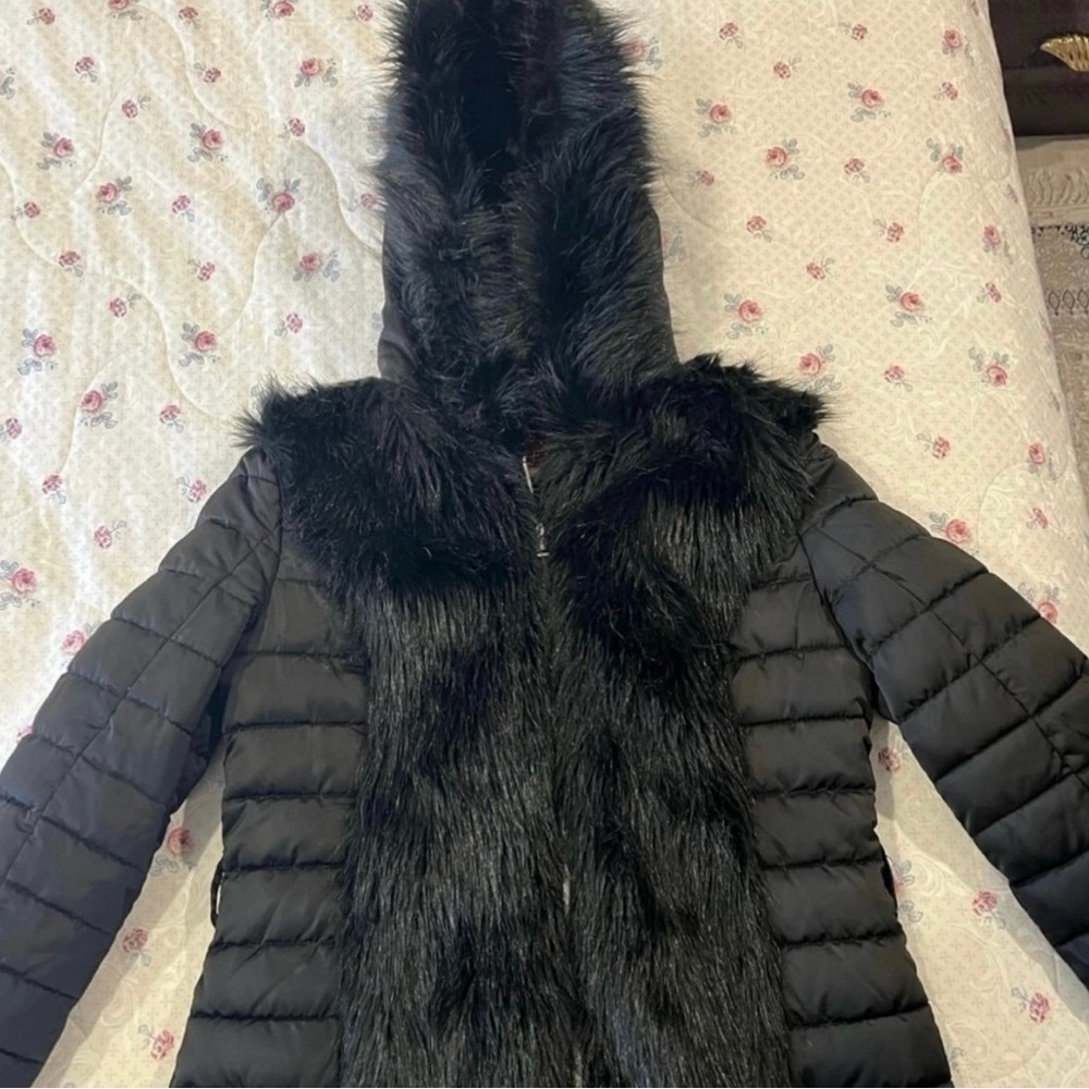 Guess Black Puffer Coat with Faux Fur Hood